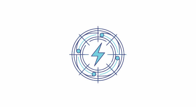 Lightning bolt energy icon with circular target lines and technical design elements.