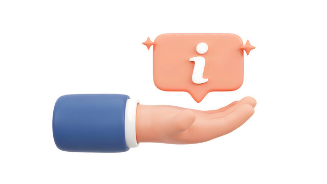 3 D cartoon hand holding orange info bubble with white letter i information