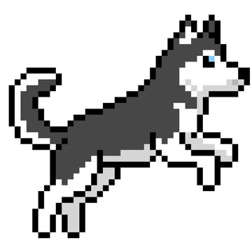 Pixel art running Siberian Husky dog icon, 8-bit cute jumping puppy