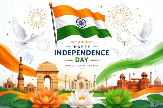 Indian flag with famous landmarks and lotus flowers celebrating happy independence day on august 15th with festive fireworks display