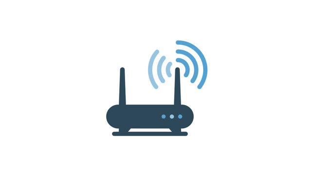 A flat vector icon of a wireless internet router with signal waves.