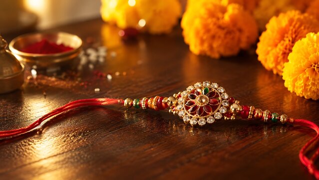 Decorative rakhi bracelet with traditional marigold flowers for the raksha bandhan festival celebration on a wooden table surface