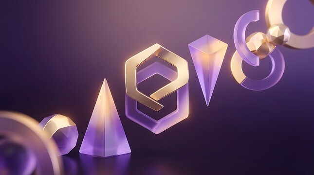 Abstract composition of floating gold and purple glass geometric shapes in a soft dark elegant light for modern design backgrounds