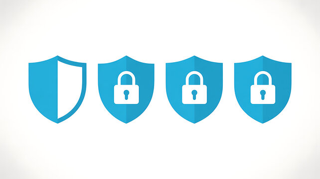 Four blue shield with security lock and quartered padlock protection