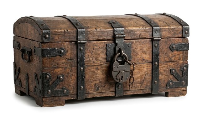 Antique wooden chest with metal bands and lock isolated on white
