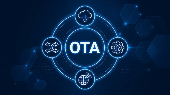 ota update tech concept.A software update delivered over the air without physical connection.