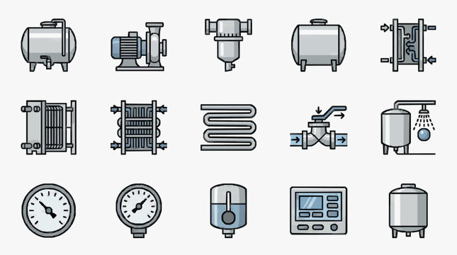 Minimalist Black and White Line Icons Set of Plumbing and Water Treatment Equipment and Instruments