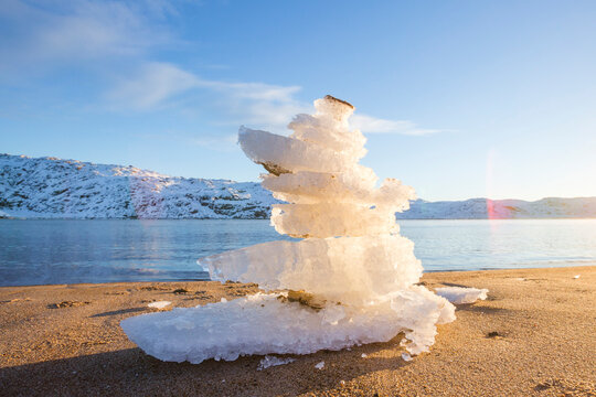 Pyramid of ice floes on shore of Barents Sea