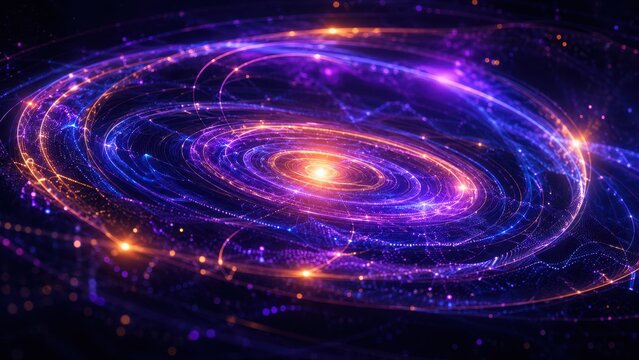 Abstract glowing circular energy waves and light particles on a dark galaxy background