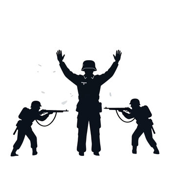 A silhouette of a soldier surrendering to two armed infantrymen in a field