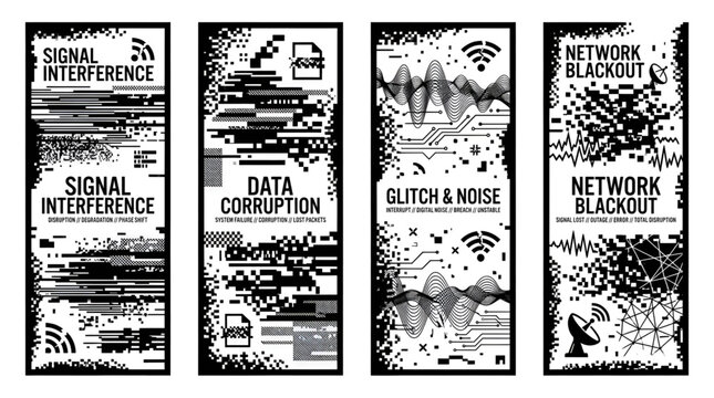 Set of four vertical banners showing digital signal interference data corruption glitch noise and network blackout