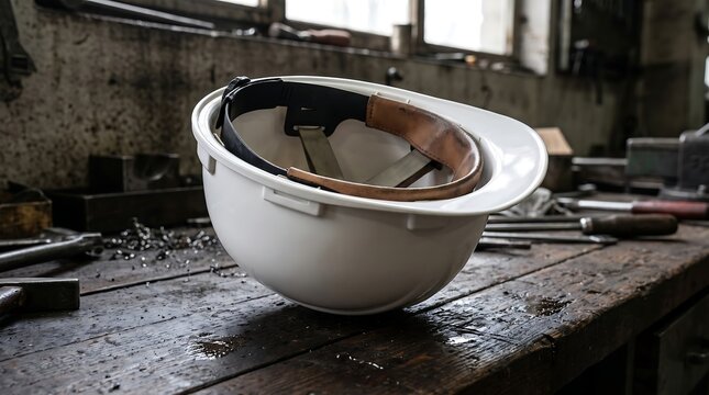 An empty white hard hat sits on a cluttered workshop table.