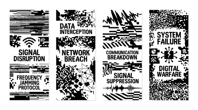 Set of black and white digital glitch art banners with cyber security text concepts for network threats