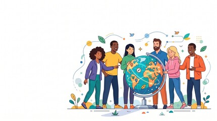 Fototapeta premium Diverse multicultural people standing around a globe discussing global community, international cooperation, sustainability, environmental awareness, education, teamwork, modern flat vector banner wit