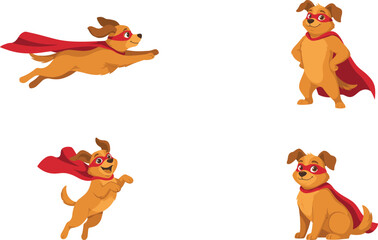 Fototapeta premium Cute Superhero Dog Mascot Character Set Featuring Funny Cartoon Puppy Wearing Red Cloak Cape and Eye Mask Flying, Standing Proud, Jumping, and Sitting