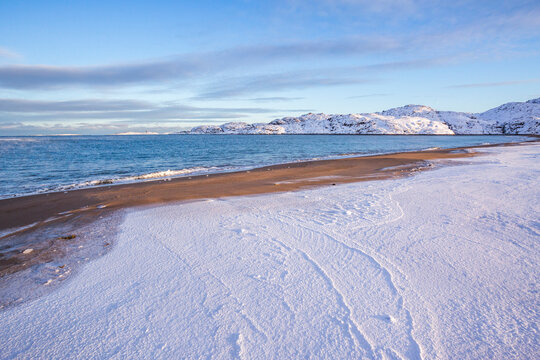 Barents Sea Shore. Kola Peninsula winter landscape