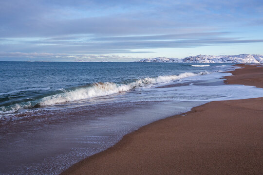 Barents Sea Shore. Kola Peninsula winter landscape