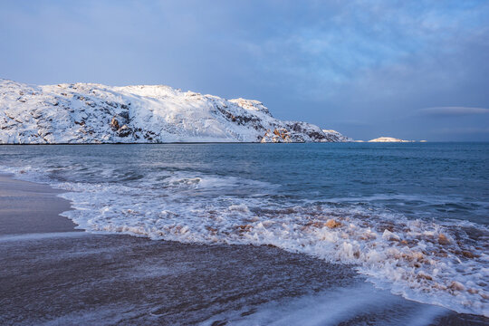 Barents Sea Shore. Kola Peninsula winter landscape