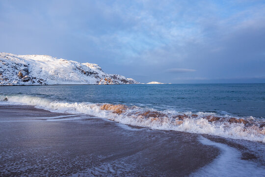 Barents Sea Shore. Kola Peninsula winter landscape