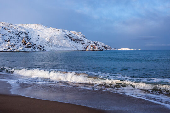 Barents Sea Shore. Kola Peninsula winter landscape
