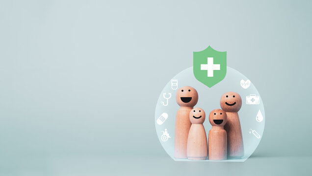 Happy family protected by a healthcare shield symbolizes health insurance, family protection, medical coverage, financial security, wellness, preventive care and long-term healthcare planning.