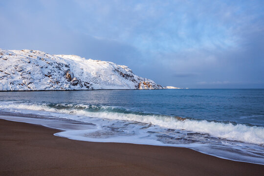 Barents Sea Shore. Kola Peninsula winter landscape