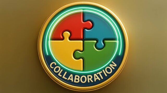 Collaboration puzzle badge with neon glow, colorful jigsaw emblem, gold rim, luminous ring, teamwork partnership unity concept
