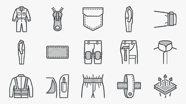 Industrial Workwear and Safety Equipment Icons Set Monochrome Line Drawing Collection of Clothing Tools and Gear