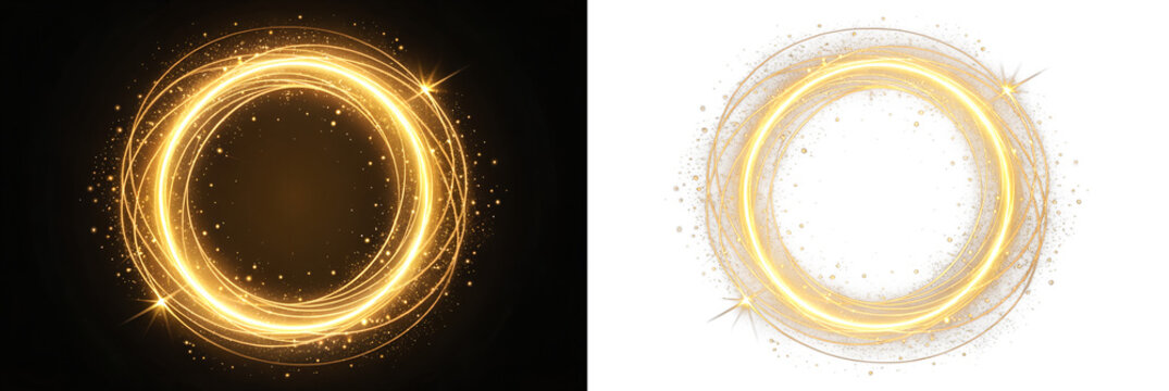 Glowing gold light circle frame with sparkles and magic dust particles isolated on transparent background