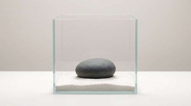 A glass display case containing a single gray stone on a white surface