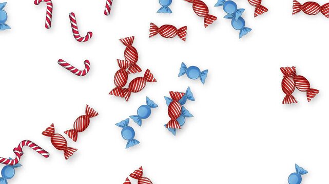 Falling Red and Blue Wrapped Candies and Canes on White Background