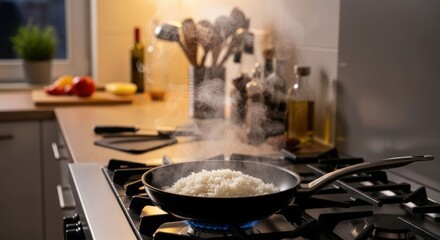 Fototapeta premium Cooking dinner on a gas stove in a modern kitchen at home.