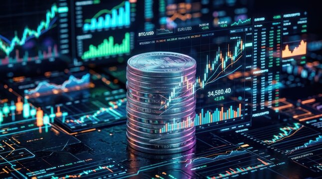 Cryptocurrency coins stack with digital stock market charts and graphs in background representing financial growth and investment.