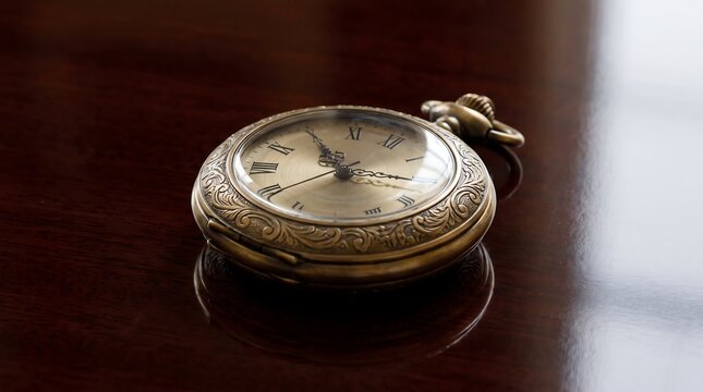 A close-up view of an antique pocket watch on a dark wooden surface