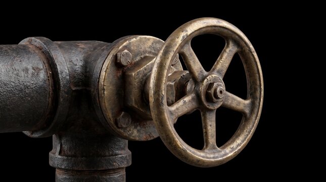 A close-up view of a rusty old brass balance scale's wheel on a metal pipe