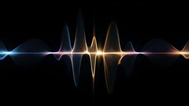 Abstract Sound Wave: An ethereal sound wave visualized with vibrant colors and glowing lights against a dark background, representing audio frequencies and digital signal processing.