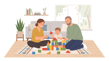 Fototapeta premium A family with a mother father and child are sitting on the floor playing with colorful blocks in a cozy living room.