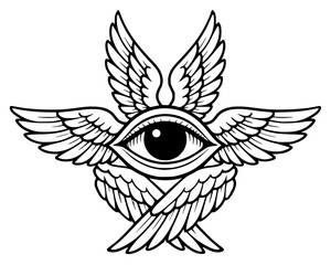 Obraz premium Detailed line art of a Seraphim angel eye surrounded by six wings and feathers, biblical celestial being illustration perfect for religious, spiritual, tattoo, and sacred art themes.