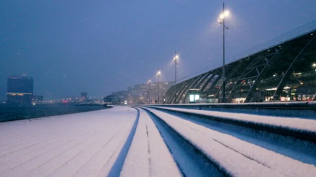 Snow Covered IJ Boulevard Before Sunrise in Amsterdam, Netherlands, Early Morning 4K
