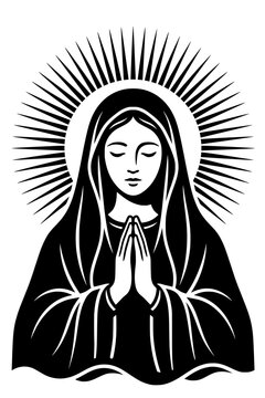 Bold black illustration of the Virgin Mary praying with hands together and radiant halo, minimalist sacred art style perfect for Catholic, Christian, spiritual, and religious themes.