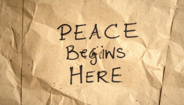 Handwritten "Peace Begins Here" message on crumpled brown paper background, symbolizing hope and a fresh start.