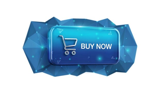Glowing buy now shopping button with digital cart icon on futuristic technology background