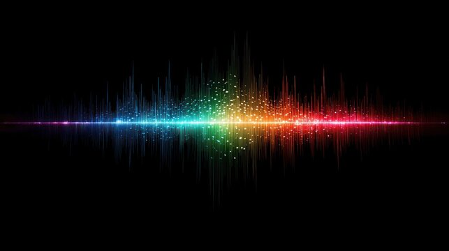 Abstract Soundwave Spectrum: A vibrant, abstract representation of soundwaves exploding in a rainbow of colors against a deep black background, symbolizing music, data, or digital signals.