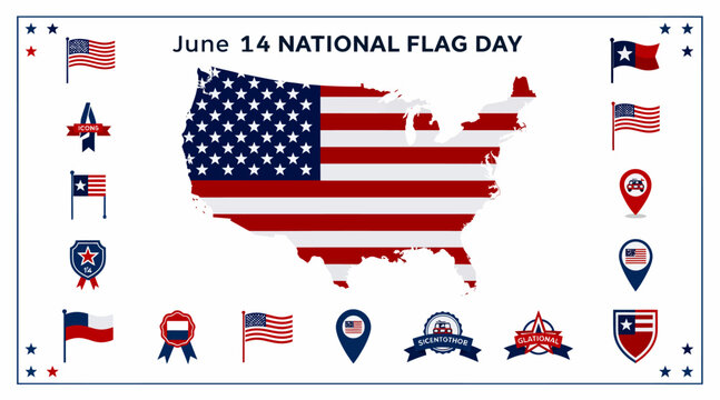 national flag day, usa map with american flags and symbols