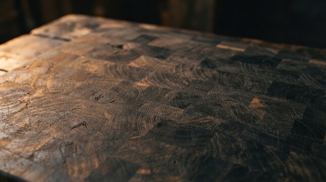Dark End Grain Wooden Cutting Board Texture Close Up for Professional Kitchen Food Preparation and Culinary Background Surface