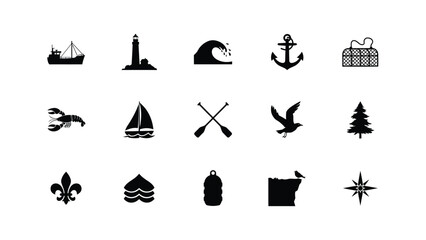 Minimalist black icons sheet featuring coastal nature with modern style sharp outlines neutral background versatile graphic use complemented symbolic icons fleur de lis © Sourav Bairagi