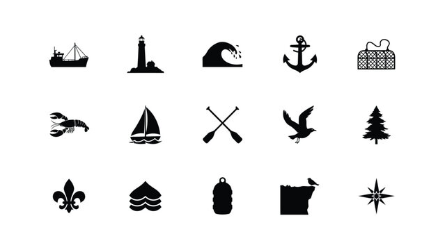Minimalist black icons sheet featuring coastal nature with modern style sharp outlines neutral background versatile graphic use complemented symbolic icons fleur de lis