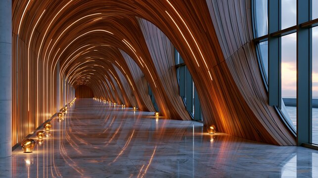Futuristic Parametric Wood Corridor Interior at Sunset, Architectural Design