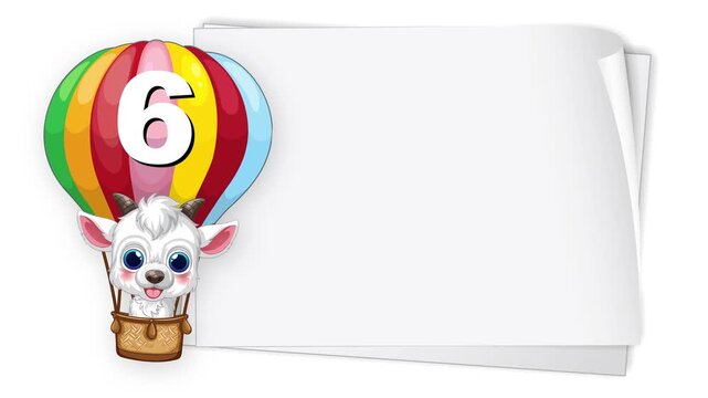 Animated Cartoon Goat in Hot Air Balloon with Blank White Banner