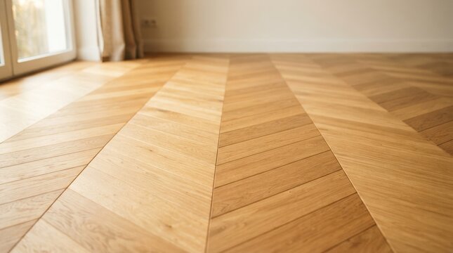 Modern Chevron Pattern Light Oak Wood Flooring in Bright Minimalist Interior Room Design for Home Renovation and Real Estate Staging